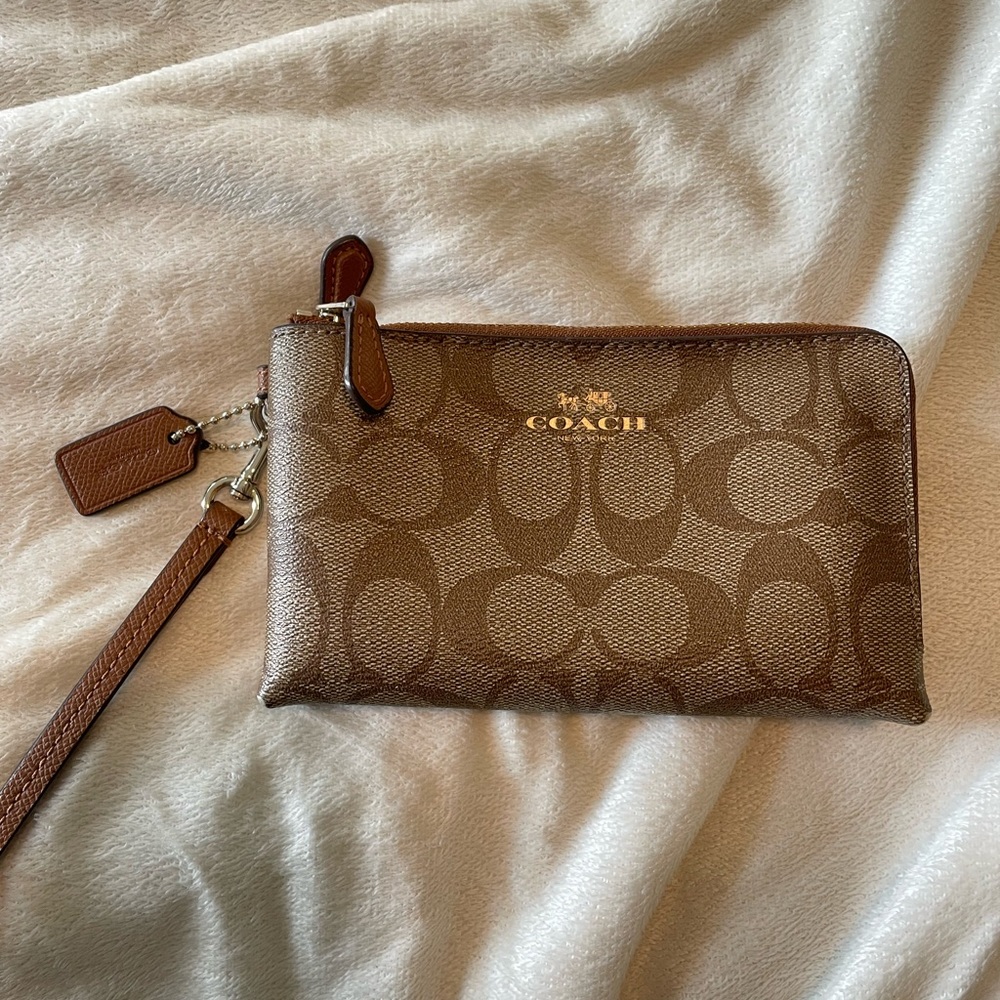 Brown and Tan Coach Double Pocket Clutch